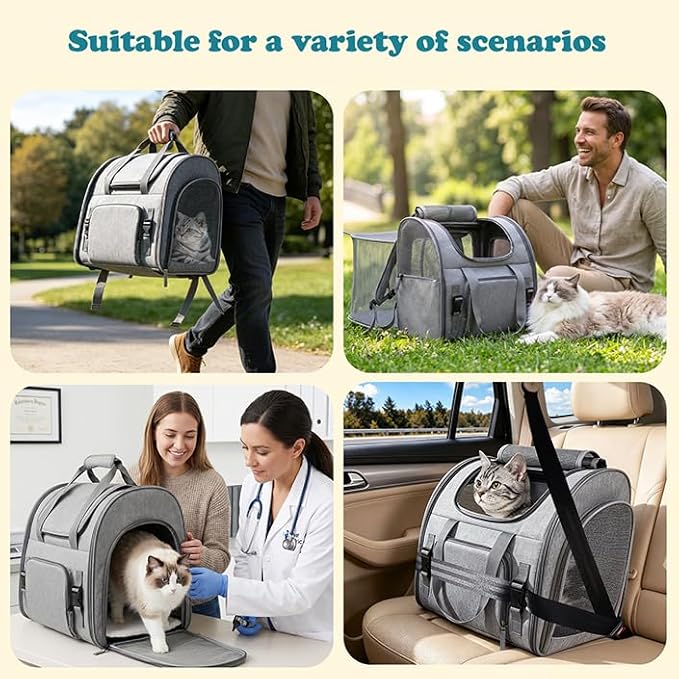XIAPIA Cat Backpack Carrier, Expandable Large Pet Carrier Backpack Bag for Cats & Small Dogs Up to 20lbs, Foldable with Breathable Mesh for Hiking & Air Travel (16.5"x14.9"x9.8", Grey)