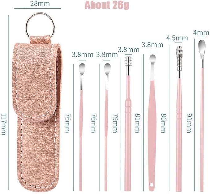 6 Pcs Ear Pick Earwax Removal Kit, Ear Cleansing Tool Set, Ear Curette Cleaner, 360° Spiral Design Ear Canal Cleaner Stainless Steel, with a Storage Box Portable Kit for Home and Travel(Pink)