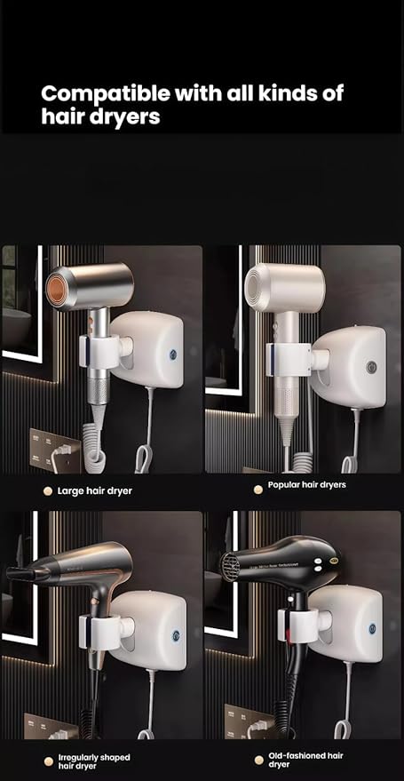Automatic Rotating Hair Dryer Stand, Hands Free Blow Dryer Holder with 360° Auto Oscillation & Left-Right Swivel, Wall Mounted No Drilling, One-Button Start, for Styling, Pet Grooming & Phone Time