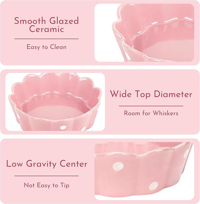 Ceramic Cat Bowl, Scalloped Edge with White Polka Dots – Pet Feeding Dish with Anti-Slip Base for Cats and Small Dogs, Pink