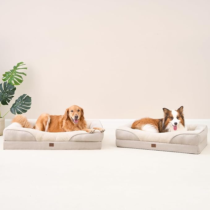 EHEYCIGA Orthopedic Dog Bed for Large Sized Dog, 36x27 Inch Large Memory Foam Dog Couch Bed with Sides, Waterproof Liner & Washable Removable Cover, Bolster Pet Sofa, Beige