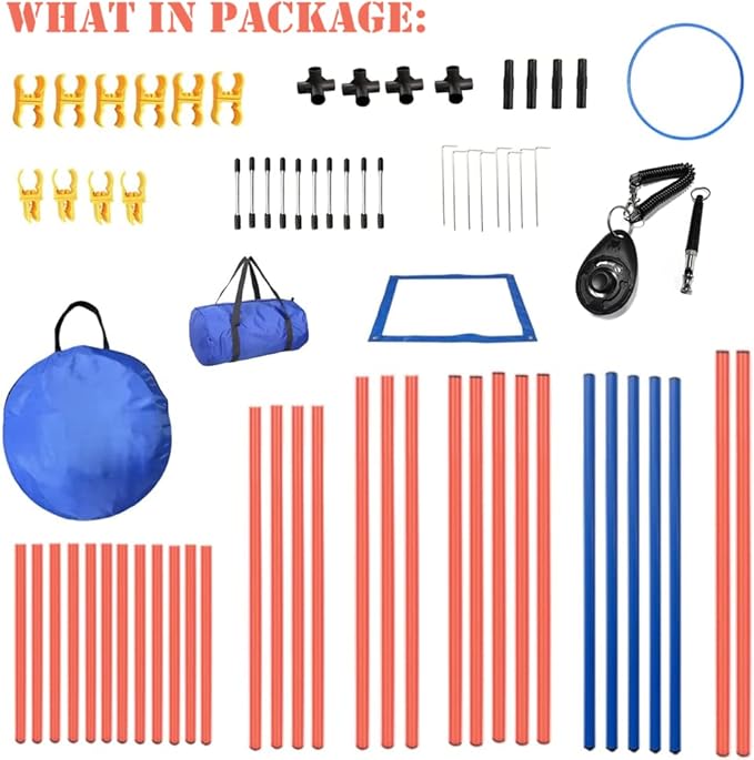 Dog Agility Training Equipment Set, Puppy Jump Training Obstacle Course Starter Kit Pet Agility Outdoor Games Dog Outdoor Games with Tunnel, Weave Poles, Adjustable Hurdle, Jump Ring