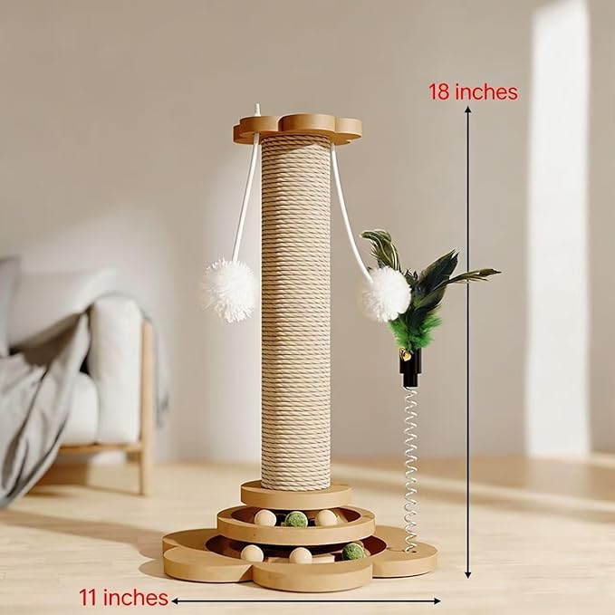 Cat Scratching Post, cat scratchers for Indoor Cats Natural Sisal Scratcher with 2-Level Trackball & 2 Hanging Balls, Sturdy cat Scratching Post 4-in-1 Interactive Kitten Toy for Indoor Cats