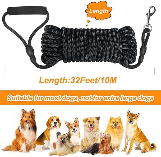 Vivifying Floating Long Dog Leash, 32ft Dog Training Leash for Outside and Yard, Durable Long Line Lead with Soft Handle for Camping, Hiking, Swimming, Beach and Lake (Black)