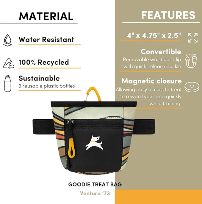 OllyDog Goodie Treat Bag, Dog Treat Pouch, Waist Belt Clip for Hands-Free Training, Magnetic Closure, Dog Training and Behavior Aids, Three Ways to Wear (Ventura '73)