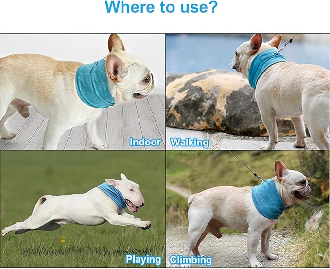 Dog Cooling Bandana Collar, Ice Instant Cooling Pet Bandana Scarf Collar for Small Medium Dogs, Breathable Ice Towels Bulldog Cats Ice Collar Summer Cooling Towel Neck Wrap with Leash Hole Blue