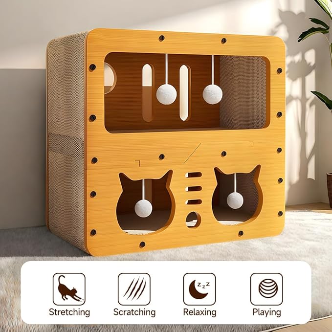 Cat Beds for Indoor Cats,Wooden Cat Scratcher House & Cardboard Condos,Covered Bedsure Kitten Bed Cave Furniture,Cute Playhouse Box,Small Size,for Cats Under 10 lbs