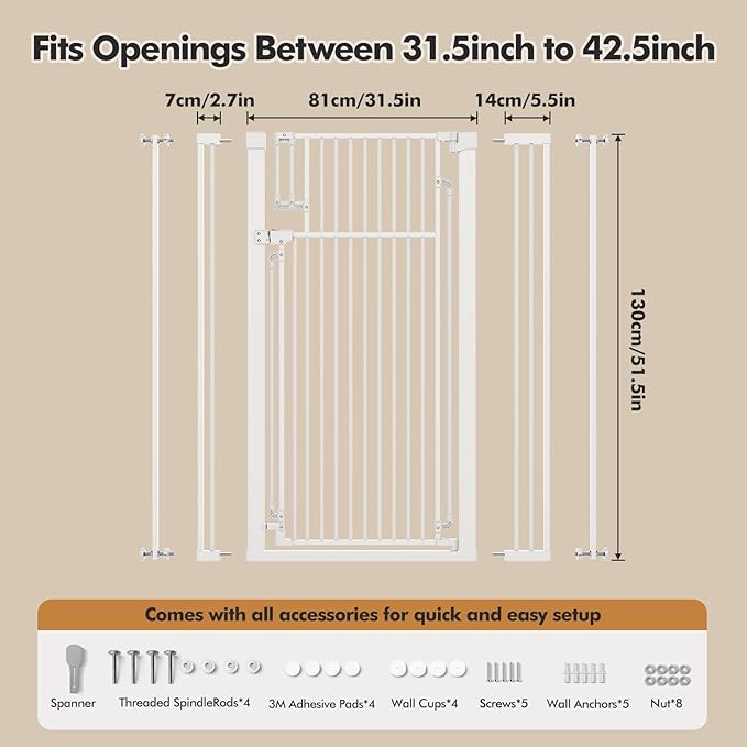 51-inch Extra Tall cat Door,Suitable for Stairs and doorways, Pressure-Mounted or Screw-Mounted, fits Widths of 31.5-42.5 inches, self-Closing, Extra Tall Design, Suitable for Cats and Dogs, White