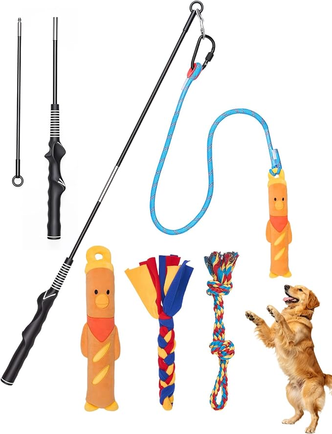 BurgeonNest Flirt Pole for Dogs, Interactive Dog Toy for Medium Small Dogs, with Replaceable Yellow Duck Toy & 2 Rope Toys, Dog Exercise Pole for Outdoor Training & Chase
