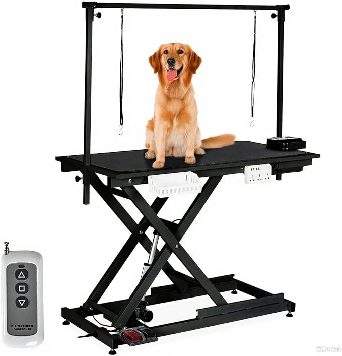 50" Heavy Duty Dog Grooming Table with Aluminium Overhead Arm,Electric Hydraulic Grooming Table with 6 USB Ports for Large Dogs 300 LBS Foot Control