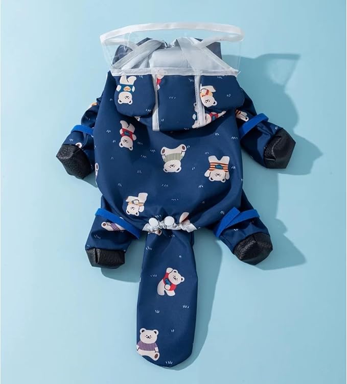 Small Dog Raincoat, Tail Protect Feet Cover Waterproof Dog Rain Jacket Dog Rain Coat for Puppy Small Dogs (Navy Bear,XS)