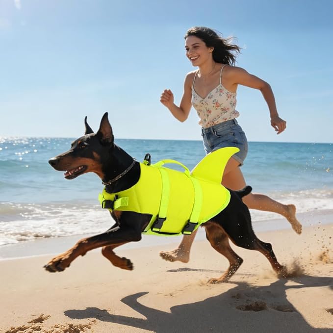 EMUST Shark Dog Life Jacket, High-Buoyancy Small Pet Flotation Vest for Swimming Pool Beach Boating (S, BrightYellow)