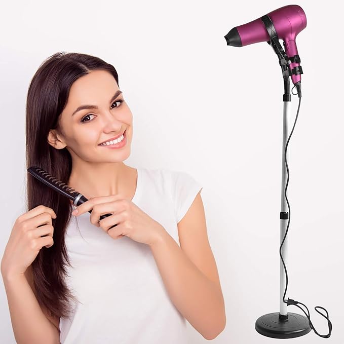 Hair Dryer Stand, Stainless Steel Hands-Free Blow Dryer Holder Adjustable 360° Rotating Hairdryer Holder for Countertop Dog Pet Cat Grooming