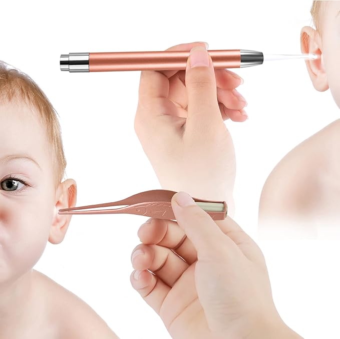 4 Pack Ear Pick with Light, Ear Cleaner Ear Wax Removal Tool Kit for Kids and Adults, Ear Picks Digger & Tweezers & Spiral Spring Ear Spoon Set with Storage Box (Rose Gold)