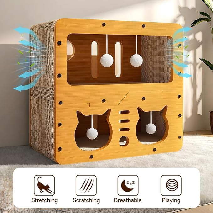 Breathable Cardboard Cat Scratcher House,Cat House for Indoor Cats,Wooden Cats Beds Condos,Bedsure Kitten Cave Furniture,Cute Playhouse Box,Large Size,Suitable for Cats up to 15 lbs