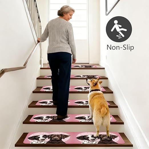 Animal Cute Dog Love Stair Treads for Wooden Steps Indoor Washable Staircase Carpet 10PCS 30"x7.8" Stair Step Treads Non-Slip Staircase Covers Peel and Stick Safety Mat for Kids Elders Pets