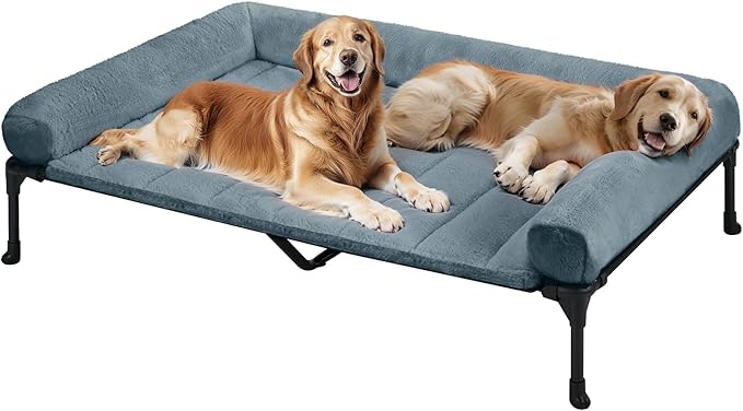 Veehoo Orthopedic Elevated Dog Bed with Fluffy Plush Bolster Cushion, Indoor Raised Dog Beds for Large Dogs, Soft Pet Sofa Cot with Removable Washable Mat, No-Slip Feet, 59 x 37 inches, Haze Blue