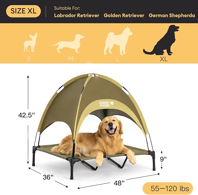 FUNNY FUZZY Elevated Dog Bed with Canopy, Green, X-Large (48"x36"x9") – Outdoor, Raised Pet Cot with UV Protection, Cooling Mesh, Indoor & Outdoor Use, Dog Cot for Large Dogs up to 120 lbs