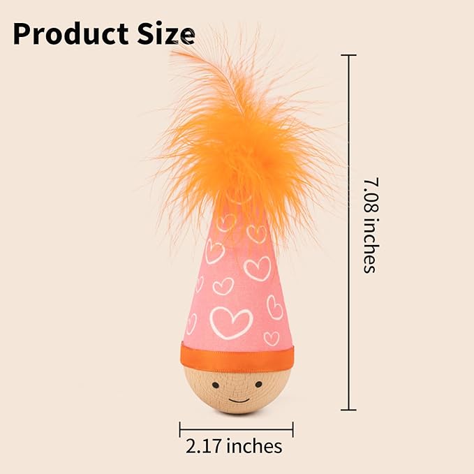 Lulu's world Cat Feather Toy, Catnip-Free Wooden Tumbler for Kittens & Indoor Cats, Interactive Wobble Starter Toy (Niuniu)
