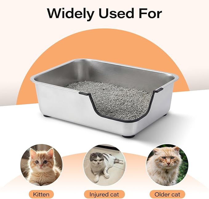 Stainless Steel Cat Litter Box, 17.5"L x 13.6"W x 6"H Metal Cat Litter Box with Low Entry for Senior, Injured Cats Anti-Slip Non-Stick No Odor Easy to Clean for Most Cats with Weight of 14Ibs or Less