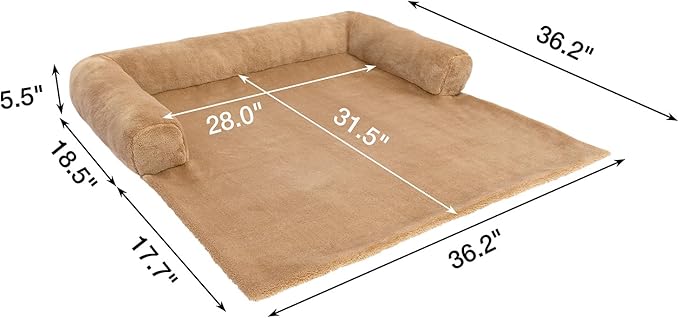 Orthopedic Dog Bed Mat for Large Dogs, Washable Sofa Protector Pet Bed with 3-Sided Bolster, Shredded Memory Foam & Plush Support, Non-Slip Bottom for Medium & Small Dogs (Tan)