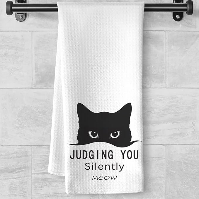 Silent Judgement Cat Kitchen Towels - Quick-Dry Whimsical Observer Feline Art Hand Cloth, Decorative Dish Towel with Observing Pet Design for Cat Ladies & Pet Moms | Amusing Home Accent & Novelty Gift