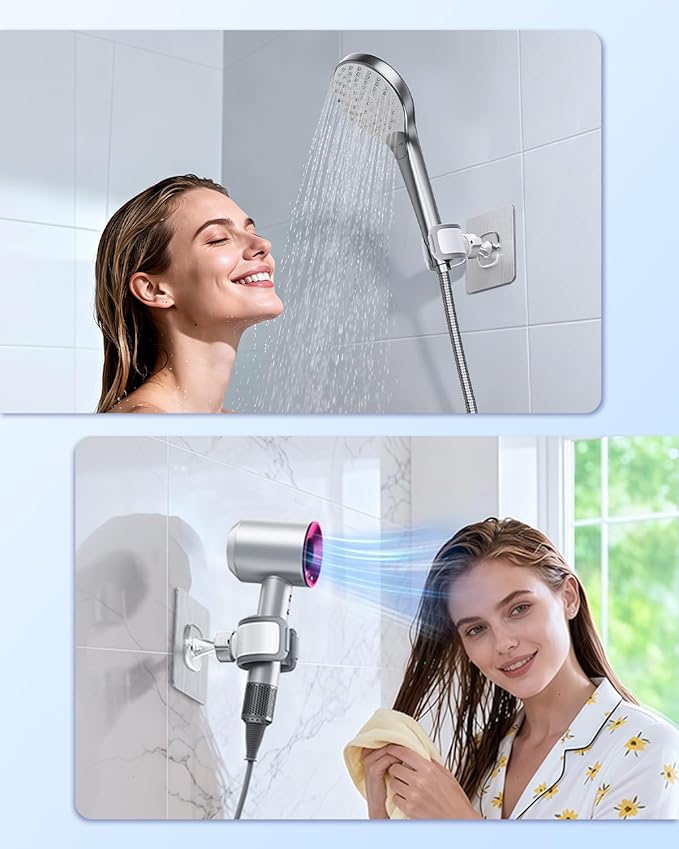 Universal Hair Dryer Holder Wall Mounted, Ultra-Secure Hair Dryer Hanger with Adhesive & Screw Mounting, Angle-Adjustable Blow Dryer Holder for Vanity, Bathroom, Salon-Fixed Type(1 Pack)