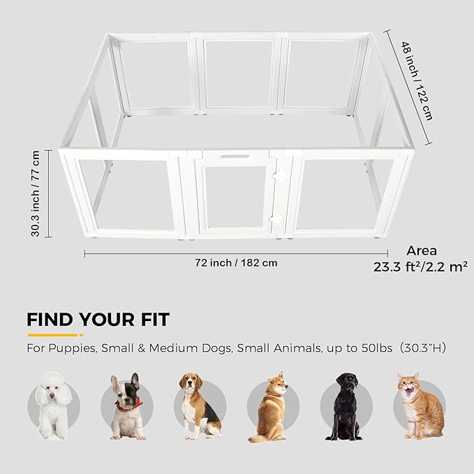 EVERFRONT Clear Acrylic Dog Playpen - Clear Dog Play Pen - Easy Assemble Acrylic Dog Fence - Puppy Playpen Cat Playpen Small Animal Playpen, Dog Kennel Whelping Cage Indoors