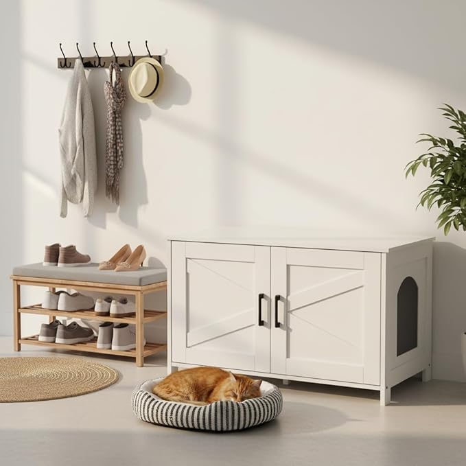 Homhedy Cat Litter Box Enclosure, Wooden Cat Washroom Furniture with Barn Door, Pet House, Fit Most of Litter Box, White