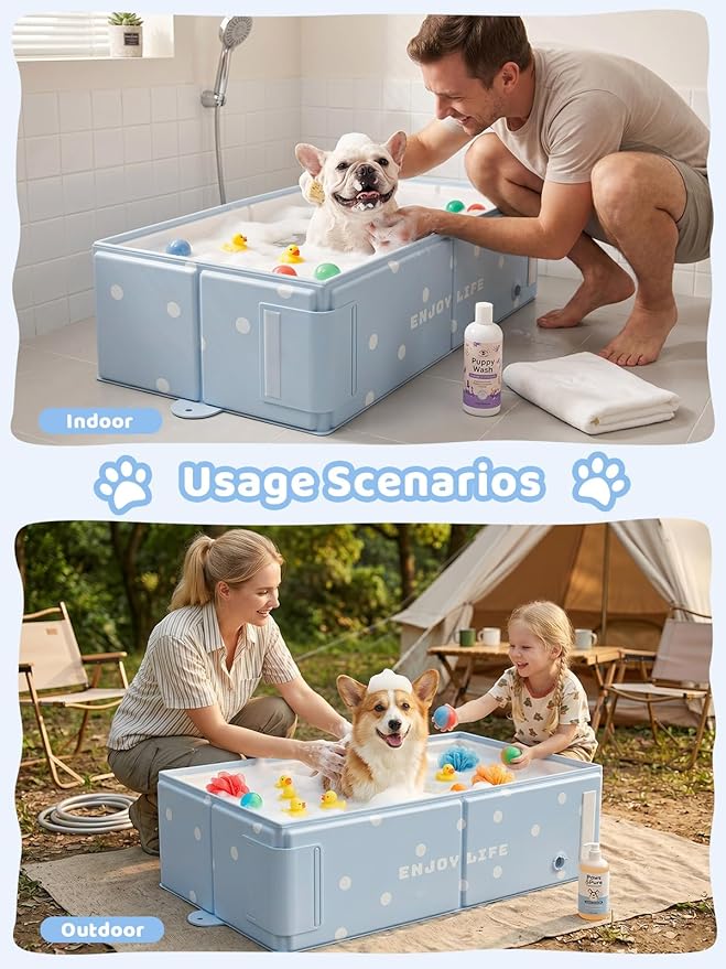 Collapsible Pet Bathtub with Side Drain Plug,Easy Hanging, Foldable Portable Tub for Dogs Bath, Non-Slip Rigid Waterproof Dog Bath Tub for Home, for Small Dogs, Medium Dogs & Cats (Blue)