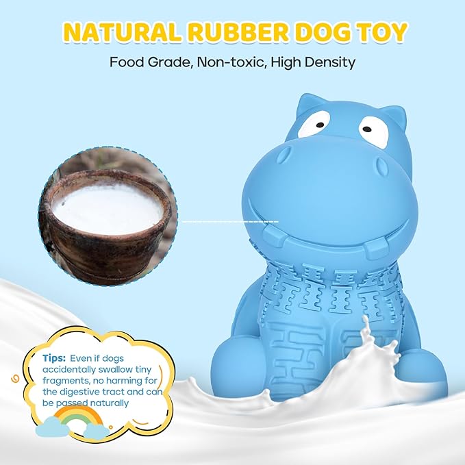 petizer Tough Squeaky Dog Toys for Aggressive Chewers - Durable Natural Latex Rubber Dog Toy with Real Beef Scent, Indoor & Outdoor Trainning Toy for Medium, Large Breeds - Blue Hippo