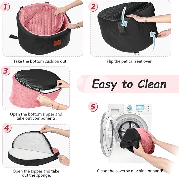 Lealchum Dog Car Seat for Small Dogs Up to 30 Lbs,Ultra Soft Fabric Fill in Comfy Memory Foam,Happy Pet Ride,2 Safety Dog Leashes,Fully Detachable and Washable,Anti Slip Base (Black/Pink, Small)