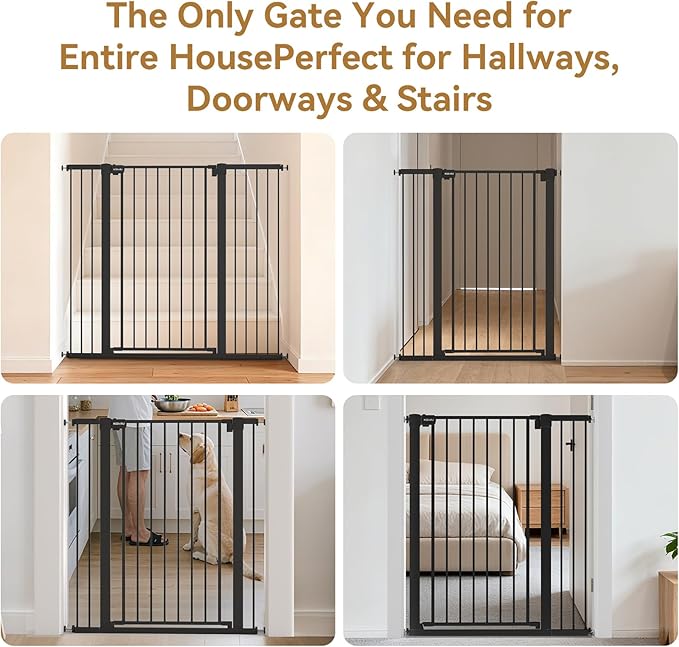 43 inch Tall Safety Dog Gate Adjustable 29.7-45.2inch Extra-Wide Metal Pet Gate Drill-Free Pressure-Mount Installation kit Self-Closing Cat Gate for Stairwells、Doorways(Black)