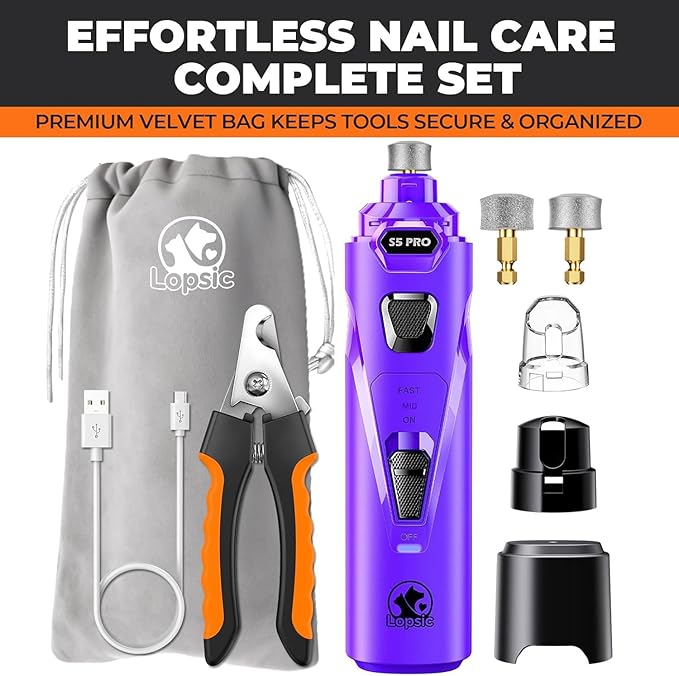 Whisper Quiet Dog Nail Grinder with 4 LED Lights, Safe & Stress-Free for Sensitive Dogs of All Breeds & Sizes, 3 Grinding Bits, 3-Speed, Pet Nail Trimmers, Rechargeable Painless Grooming Kit Purple