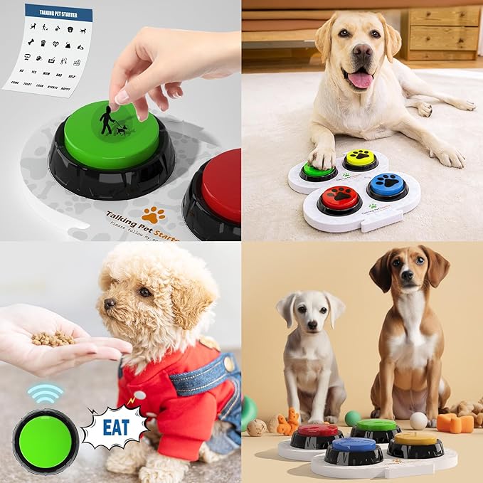 Dog Buttons for Communication, 4 PCS Talking Button for Cats and Dogs, 30 Second Voice Recordable Pet Training Buzzer with Waterproof Mat 25 Scene Stickers