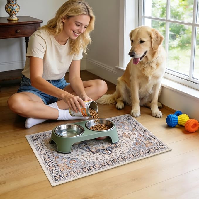 Boho Dog Feeding Mat, Absorbent Cat Matt for Food, Non Slip Pet Water Bowl Placemat Small for Floor, Cream & Terracotta & Blue Indoor Dog Eating Dish Mat 12"x20"