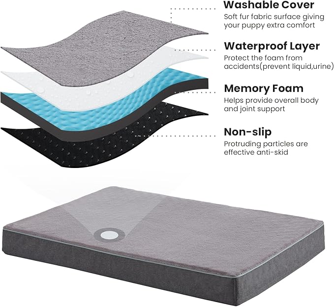 Orthopedic Memory Foam Dog Bed for Large Dogs, Cooling Gel Dog Crate Mat with Removable Washable Cover & Non-Slip Bottom, Ideal for Arthritic Dogs Up to 90lbs (Grey, X-Large: 41" x 29" x 4")