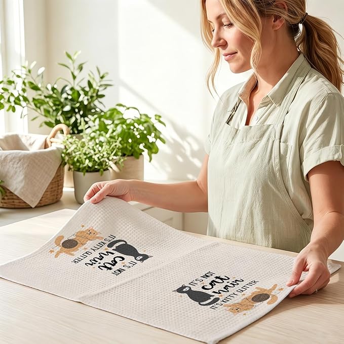 2 Pcs Funny Cat Kitchen Towels 24x14 Inch, Cats Gifts Reusable Dish Towels for Kitchen Bathroom Decor, Waffle Weave Hand Cloth Tea Towel, Cute Cat Lover Gifts for Women Mom Friend