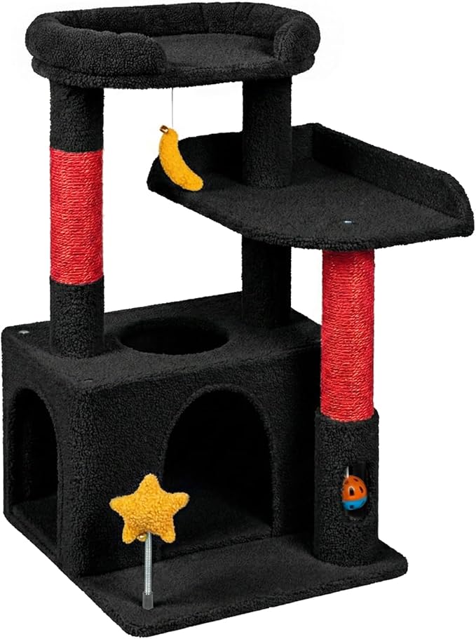 30In Cute Cat Tower for Indoor Cats with Cat Condo, Plush Platform, Hammock, Sisal Scratching Posts, Dangling Ball, Tall Cat Tree Tower with Self-Grooming Brush (Jet Black)