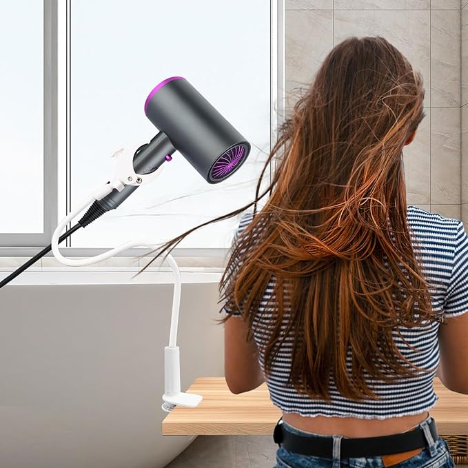 Dog Hair Dryer Holder, Black Alloy Flexible Hair Dryer Stand 360° Rotating Hands-Free Stand with Adjustable Clamp, for Pet Dog Cat Grooming (White)