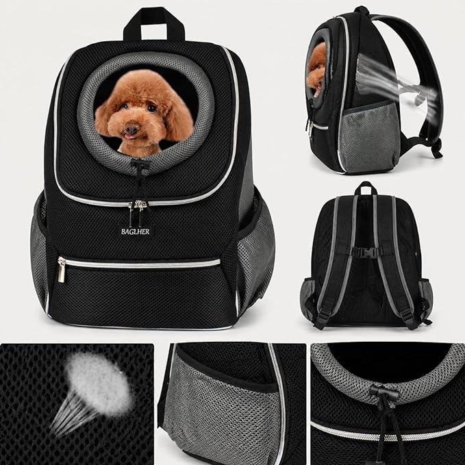 BAGLHER Dog Carrier Backpack for Small Dogs - Front Breathable Pet Backpack with Safety Buckle, Adjustable Hands-Free Design for Hiking, Cycling, Camping & Outdoor Use - Black, Size Large 10-14 lbs
