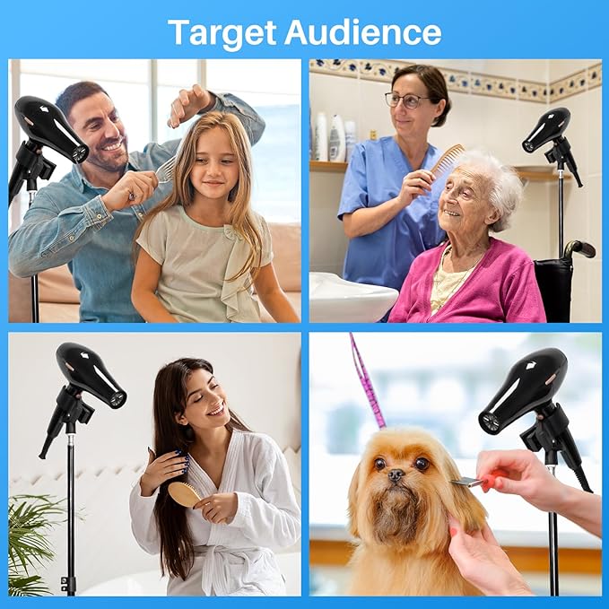 Hair Dryer Stand - 64.5 inch Height Adjustable Hands-Free Lazy Blow Dryer Holder with 180 Degrees Rotatable Larger Clamp Non-Slip Tripod, for Bathroom, Vanity, Makeup Room Floor or Countertop Pet Salon