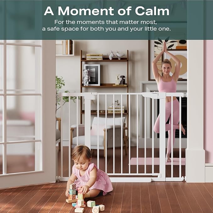 Cumbor 30-46" Baby Gate for Stairs, Toddler Safety Essentials for The House, Auto Close Dog Gate for Doorways, Mom's Choice Awards Winner-Easy Install Pressure Mounted Pet Gates for Dogs, White
