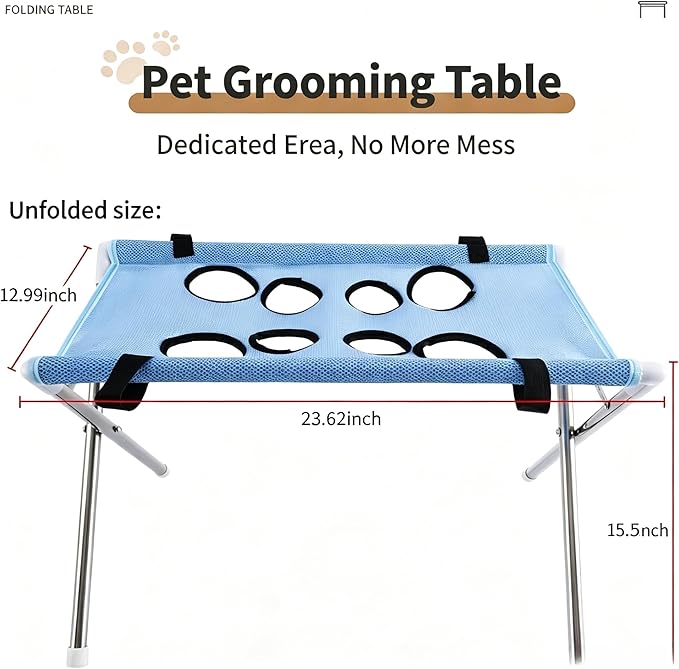 Foldable Pet Grooming Table, Dog Bathing Station with Stainless Steel Frame, Breathable Mesh Hammock for Small Dogs Cats, Portable Dog Grooming Stand for Bathing, Trimming, Nail Clipping (Blue)