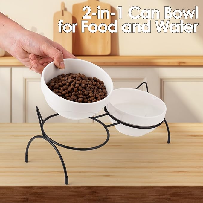 Cat Food Water Bowl Set, Double Ceramic Pet Bowls with 15°Tilted Raised Stand, Elevated Feeding Station with Two Removable Bowls, Raised Cat Bowl, Anti Vomiting Pet Dish Feeder, Kitten and Small Dogs