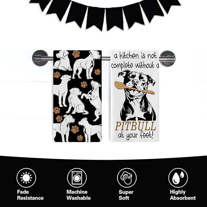 Funny Pitbull Dog Kitchen Dish Towels Set of 2, Cute Paw Prints Drying Hand Towel Baking Cooking Cloth, Home Decoration Gifts for Pet Dog Owner Lover 18'' x 26''