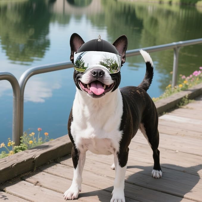 Small Dog Helmet, Pet Motorcycle Helmet with Ear Holes, Adjustable Pet Safety Hat with Flip-Up Silver Visor, Small-Medium Puppy Heads Protection, Spiked