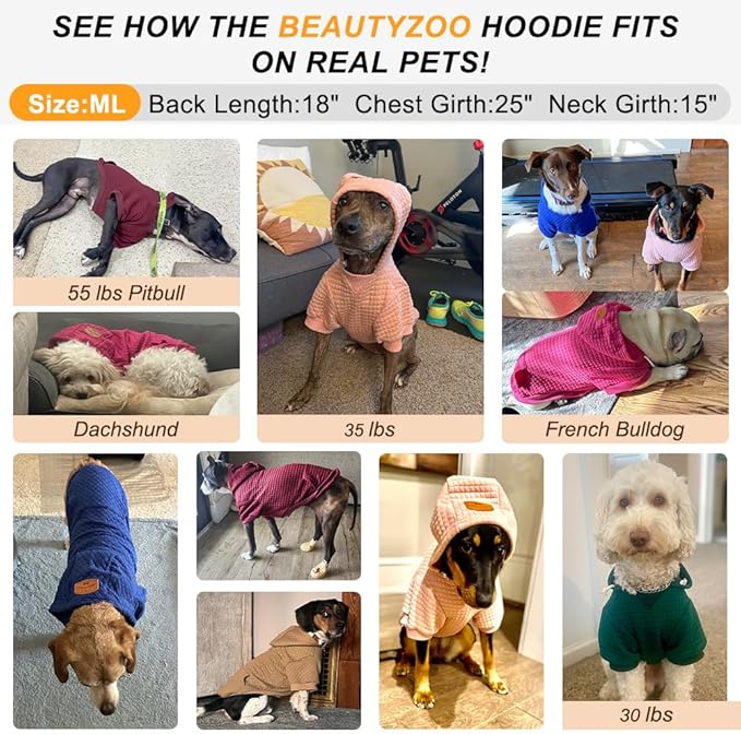 BEAUTYZOO Small Dog Hoodie Sweater with Pockets, Dog Clothes for Small Medium Dogs Boy Girl, Waffle-Like Laminated Cotton Pet Coats with Hat and Leash Hole, Khaki ML