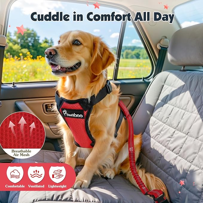 Pawaboo Dog Seat Belt Harness for Car, Dog Car Harness Seatbelt with Double Clips, Adjustable Breathable Pet Vest & Dogs Safety Tether with Elastic Bungee for Small Medium Large Pet, XL, Red+Black