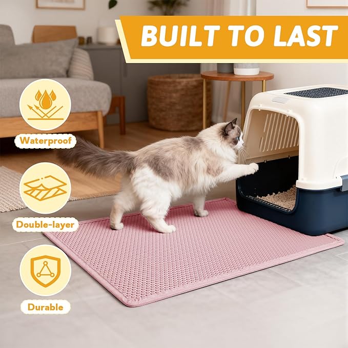 Pieviev Cat Litter Mat Double Layer Waterproof Urine Proof Trapping Mat 1 Pack (Pink, 30x24 Inch (Pack of 1))